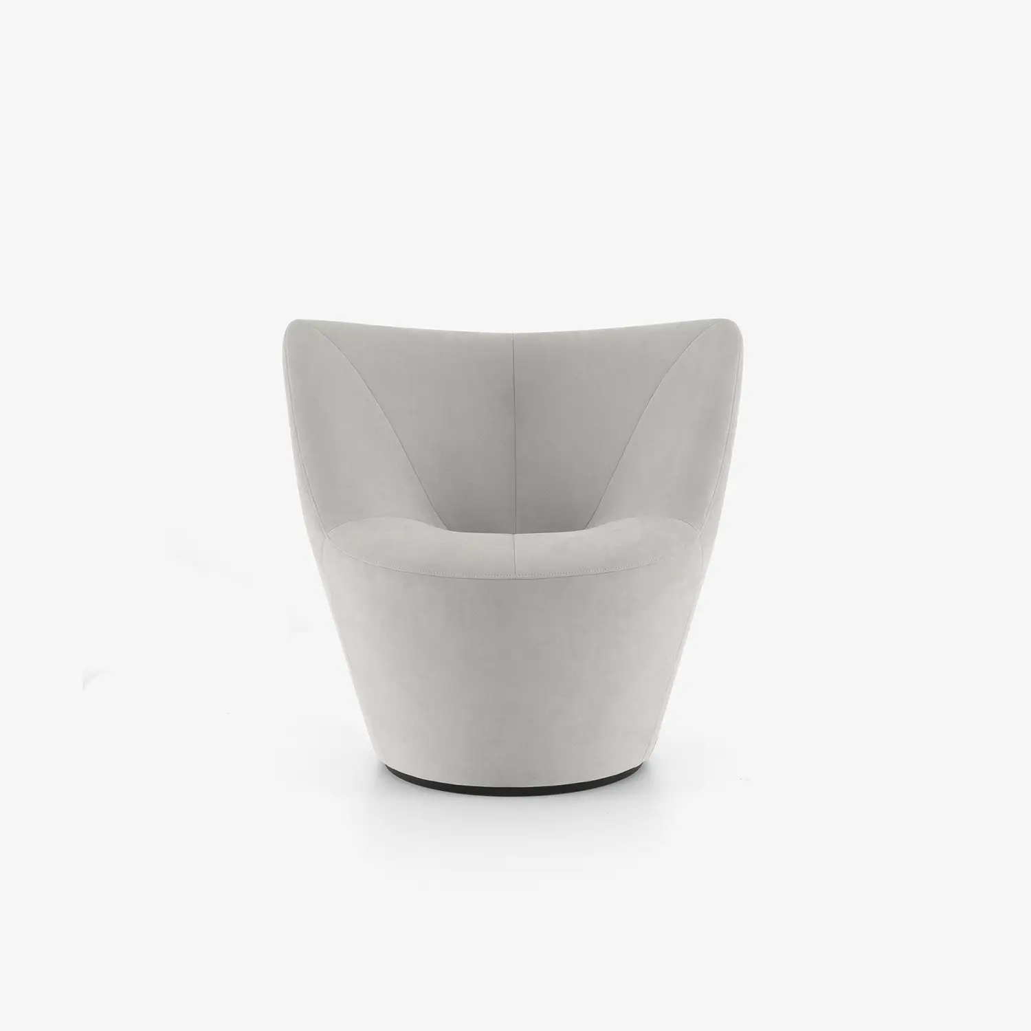 Light gray modern swivel armchair with low back and curved design.