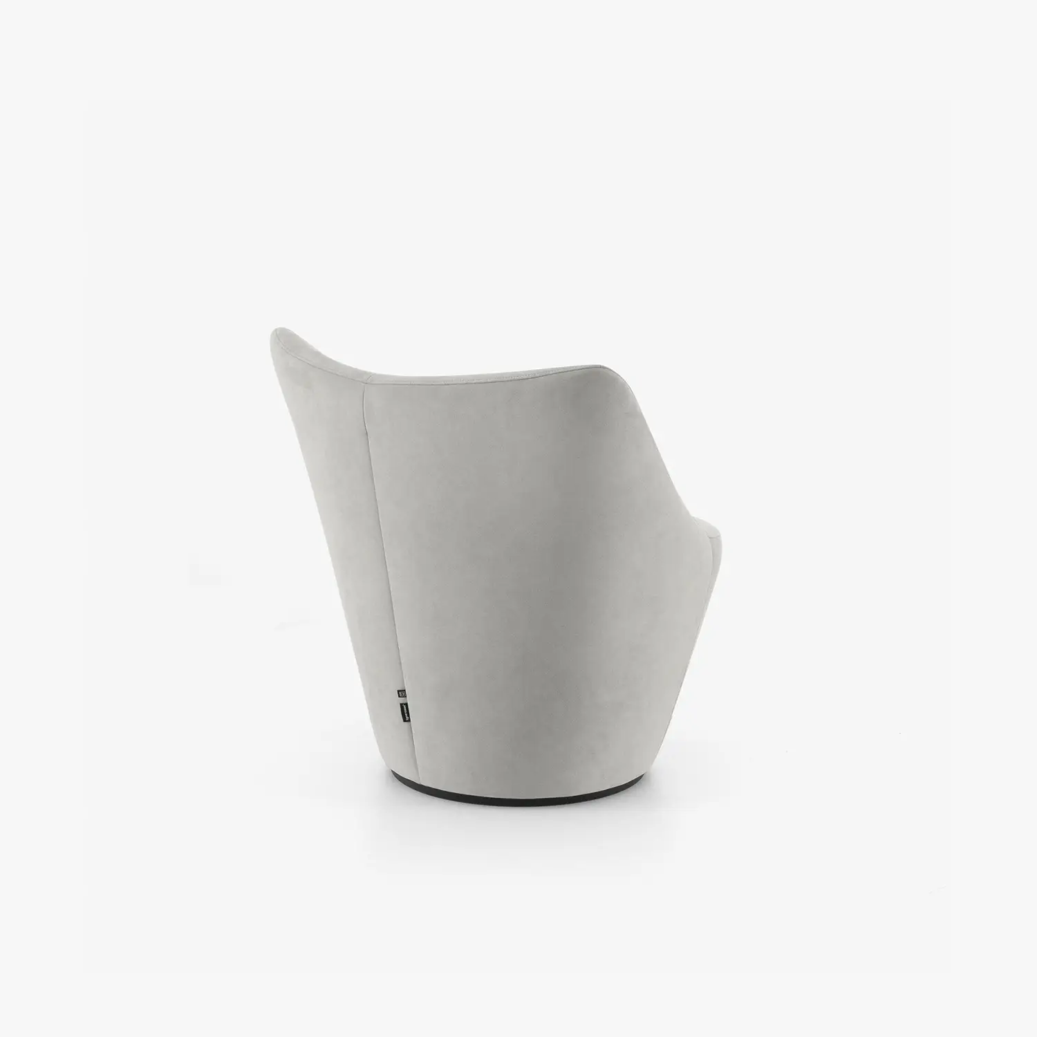 Light grey low-back swivel armchair with a smooth fabric finish shown from the back.
