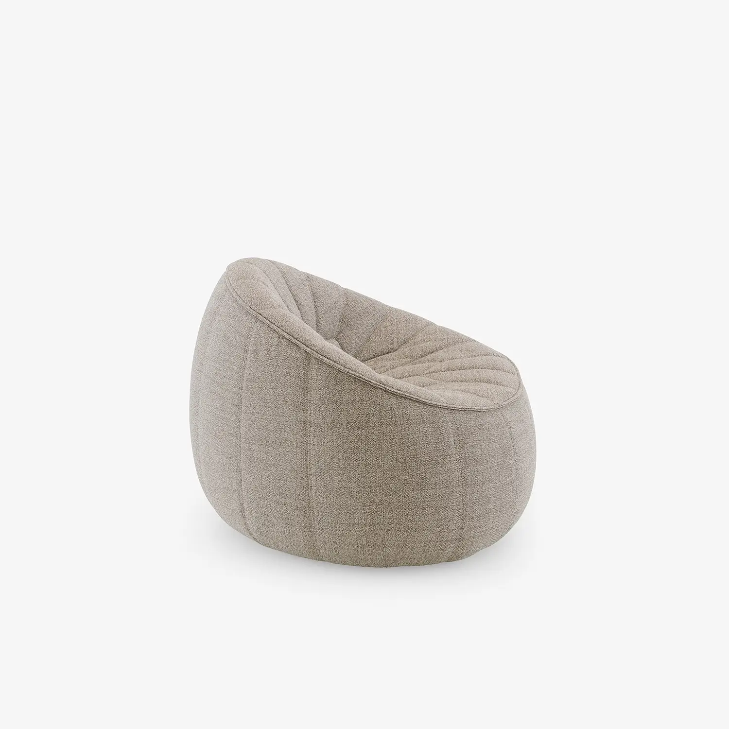 Beige upholstered rounded armchair with a quilted design and no visible legs on white background.